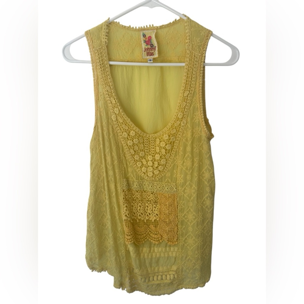 Johnny Was Yellow Embroidered/Eyelet Cupra Tank Top Size Small